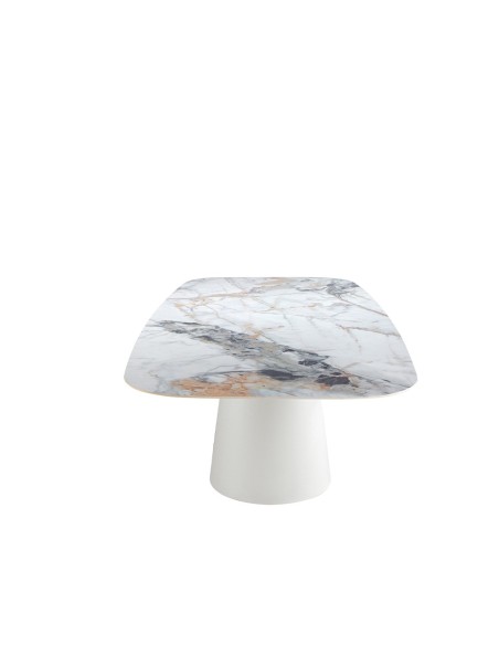 Mesa comedor ovalada barril mármol porcelánico y acero blanco