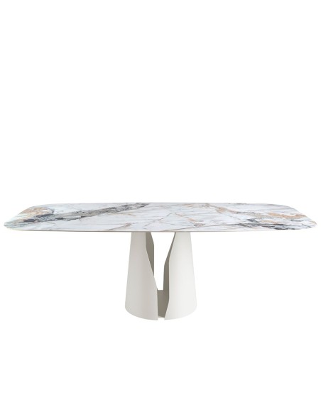 Mesa comedor ovalada barril mármol porcelánico y acero blanco