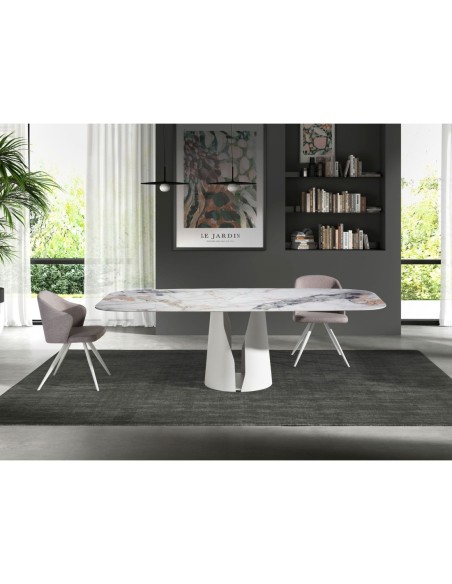 Mesa comedor ovalada barril mármol porcelánico y acero blanco
