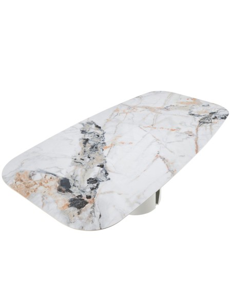 Mesa comedor ovalada barril mármol porcelánico y acero blanco