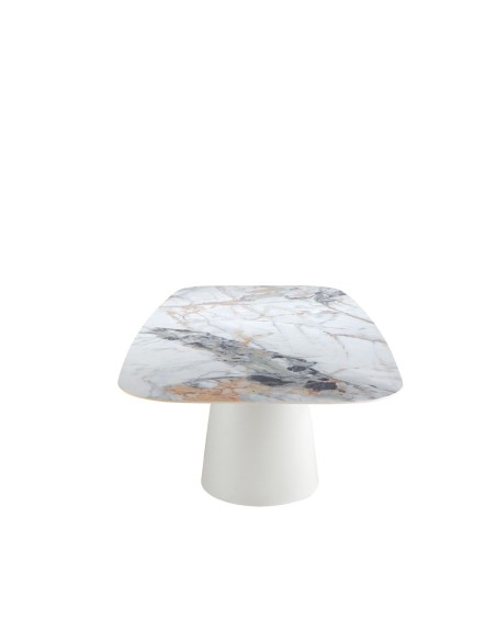 Mesa comedor ovalada barril mármol porcelánico y acero blanco