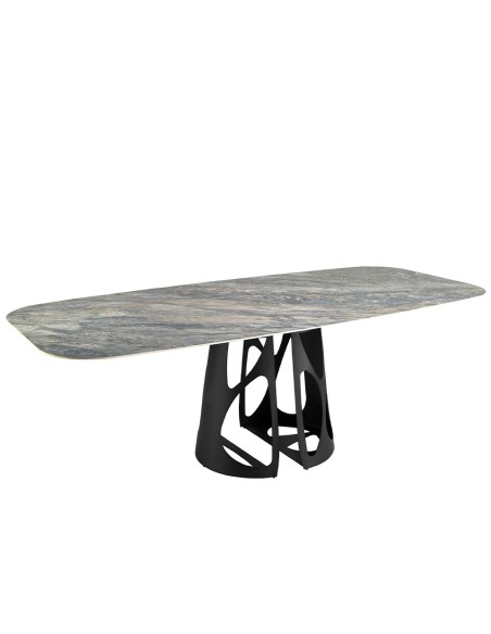 Mesa comedor ovalada barril mármol porcelánico y acero negro