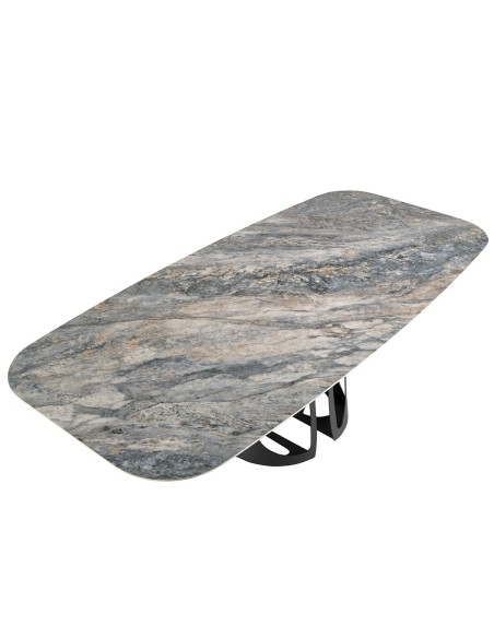 Mesa comedor ovalada barril mármol porcelánico y acero negro