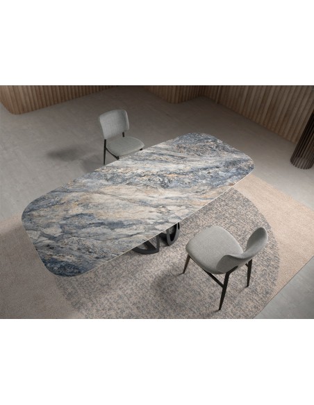 Mesa comedor ovalada barril mármol porcelánico y acero negro