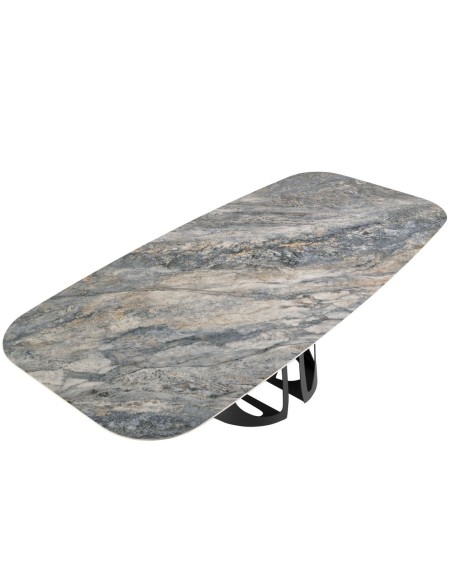 Mesa comedor ovalada barril mármol porcelánico y acero negro