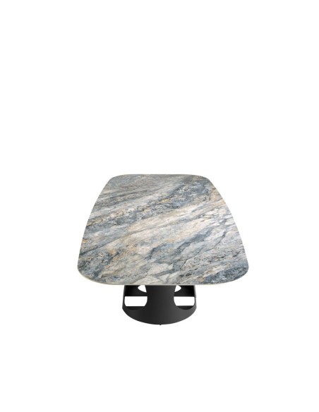 Mesa comedor ovalada barril mármol porcelánico y acero negro