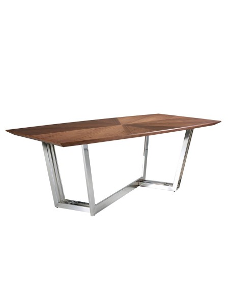 Mesa comedor ovalada barril nogal y acero cromado