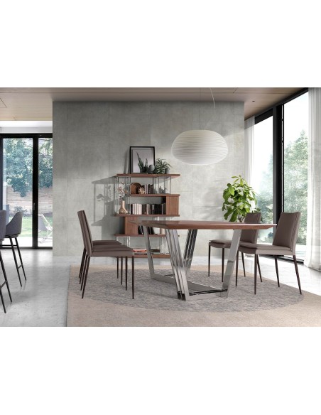 Mesa comedor ovalada barril nogal y acero cromado
