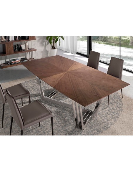 Mesa comedor ovalada barril nogal y acero cromado