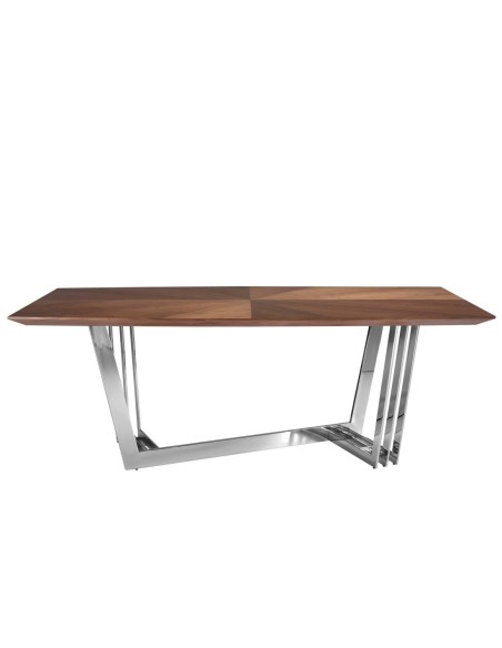 Mesa comedor ovalada barril nogal y acero cromado