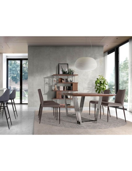 Mesa comedor ovalada barril nogal y acero cromado