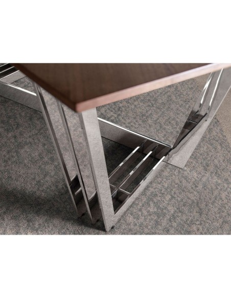 Mesa comedor ovalada barril nogal y acero cromado