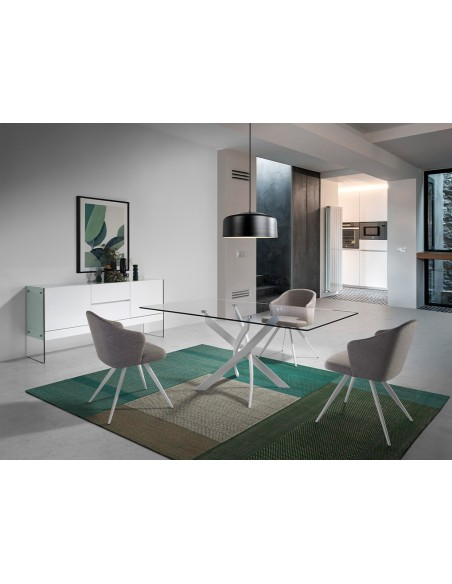 Mesa comedor rectangular cristal templado y acero blanco