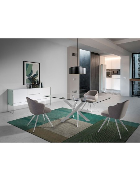 Mesa comedor rectangular cristal templado y acero blanco