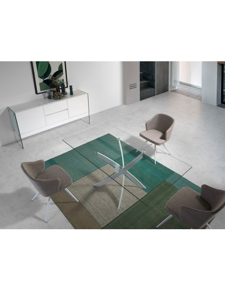 Mesa comedor rectangular cristal templado y acero blanco