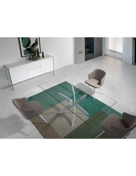 Mesa comedor rectangular cristal templado y acero blanco