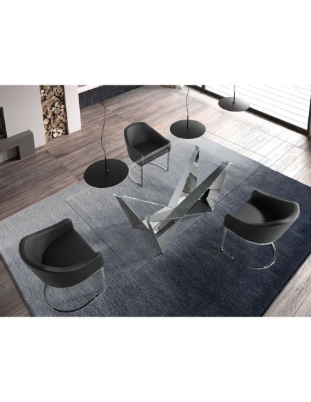 Mesa comedor rectangular cristal templado y acero cromado
