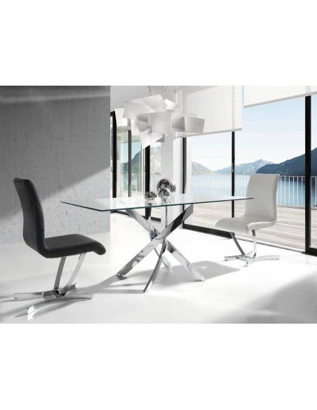 Mesa comedor rectangular cristal templado y acero cromado