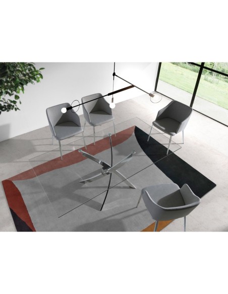 Mesa comedor rectangular cristal templado y acero cromado