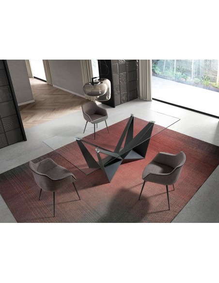 Mesa comedor rectangular cristal templado y acero negro