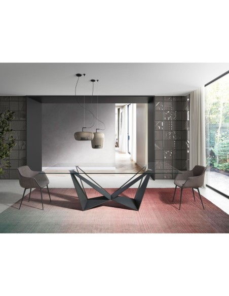 Mesa comedor rectangular cristal templado y acero negro