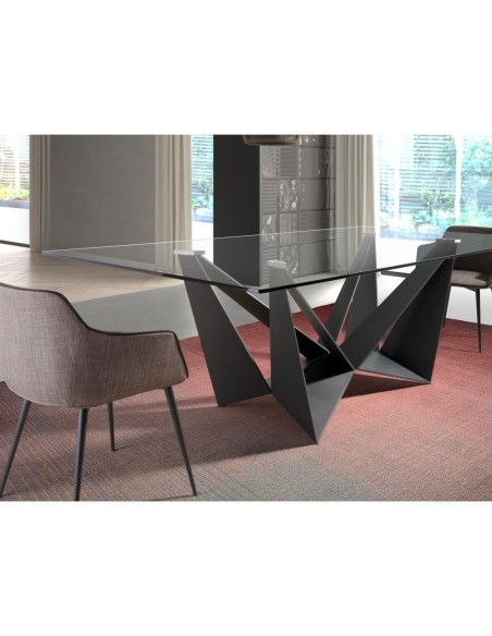 Mesa comedor rectangular cristal templado y acero negro