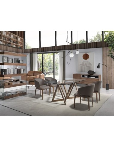 Mesa comedor rectangular cristal templado y nogal