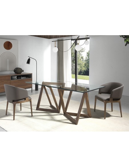Mesa comedor rectangular cristal templado y nogal
