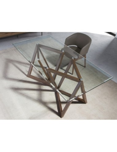 Mesa comedor rectangular cristal templado y nogal