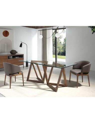Mesa comedor rectangular cristal templado y nogal