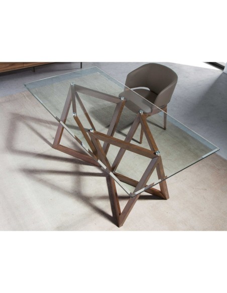 Mesa comedor rectangular cristal templado y nogal