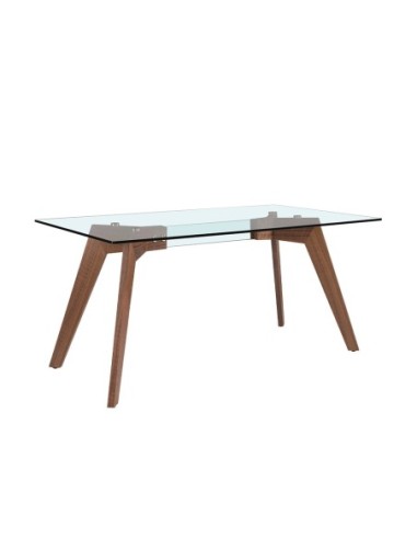 Mesa comedor rectangular cristal templado y nogal