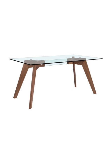 Mesa comedor rectangular cristal templado y nogal