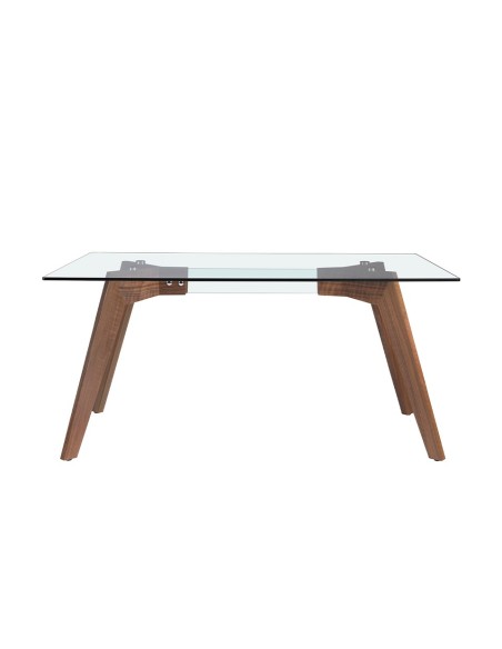 Mesa comedor rectangular cristal templado y nogal