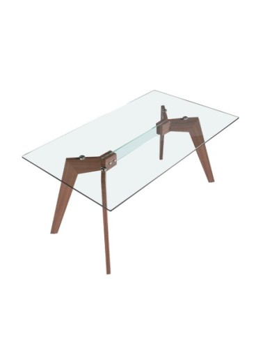 Mesa comedor rectangular cristal templado y nogal