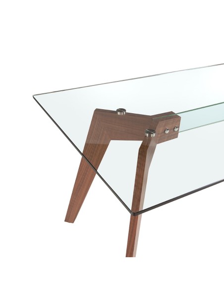 Mesa comedor rectangular cristal templado y nogal