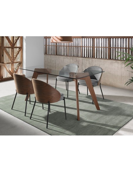 Mesa comedor rectangular cristal templado y nogal