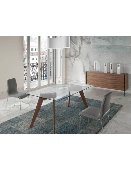 Mesa comedor rectangular cristal templado y nogal