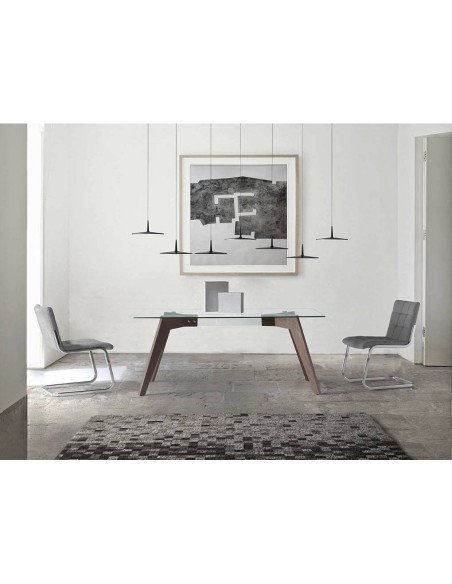 Mesa comedor rectangular cristal templado y nogal