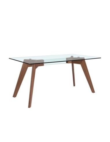 Mesa comedor rectangular cristal templado y nogal