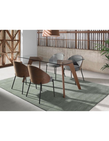 Mesa comedor rectangular cristal templado y nogal
