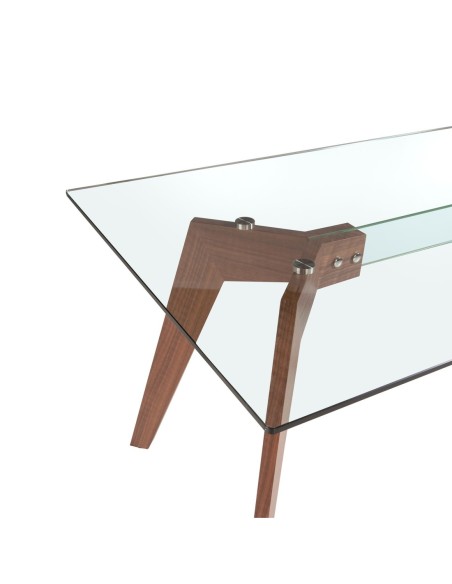Mesa comedor rectangular cristal templado y nogal