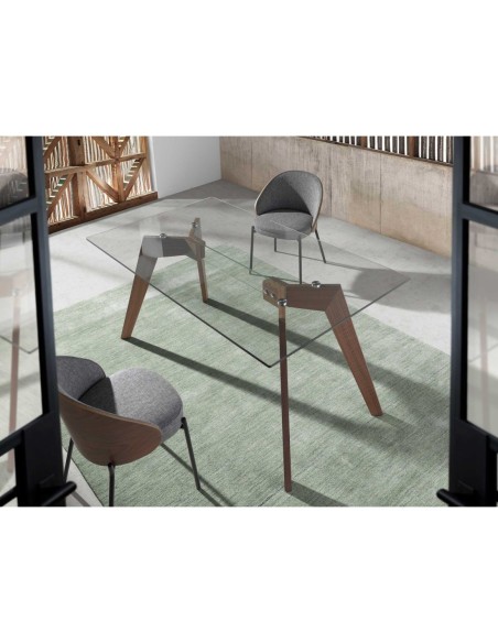 Mesa comedor rectangular cristal templado y nogal