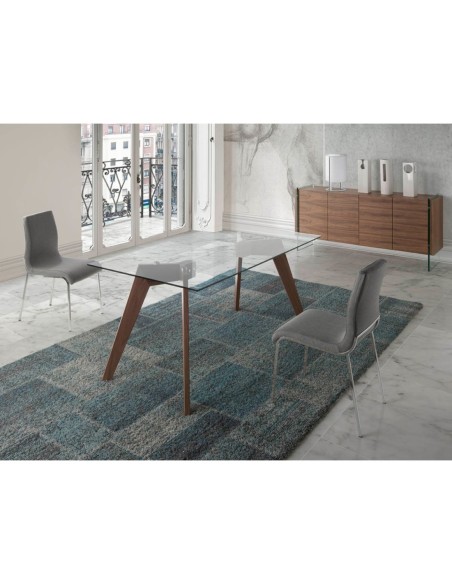 Mesa comedor rectangular cristal templado y nogal