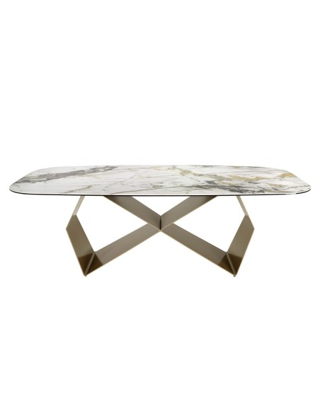 Mesa comedor rectangular mármol porcelánico y acero color champagne