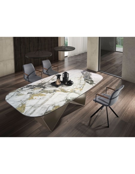 Mesa comedor rectangular mármol porcelánico y acero color champagne