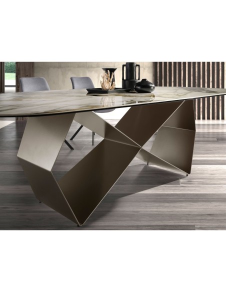 Mesa comedor rectangular mármol porcelánico y acero color champagne