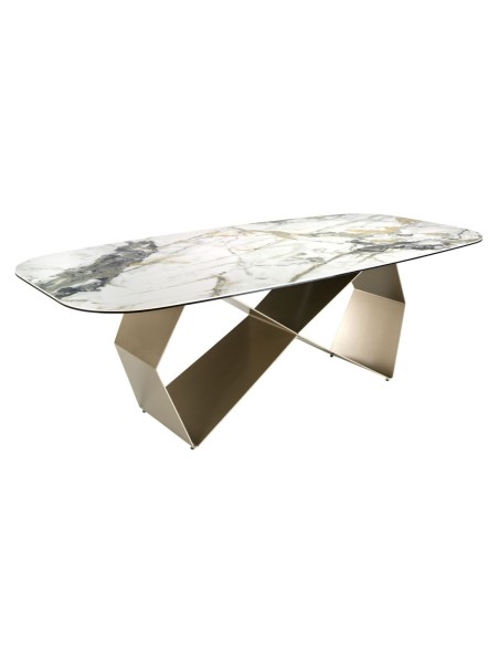 Mesa comedor rectangular mármol porcelánico y acero color champagne