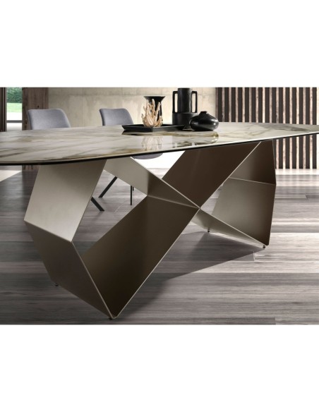 Mesa comedor rectangular mármol porcelánico y acero color champagne