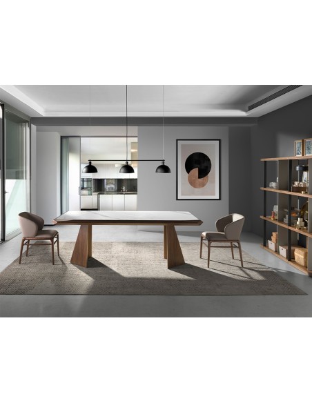 Mesa comedor rectangular mármol porcelánico y nogal